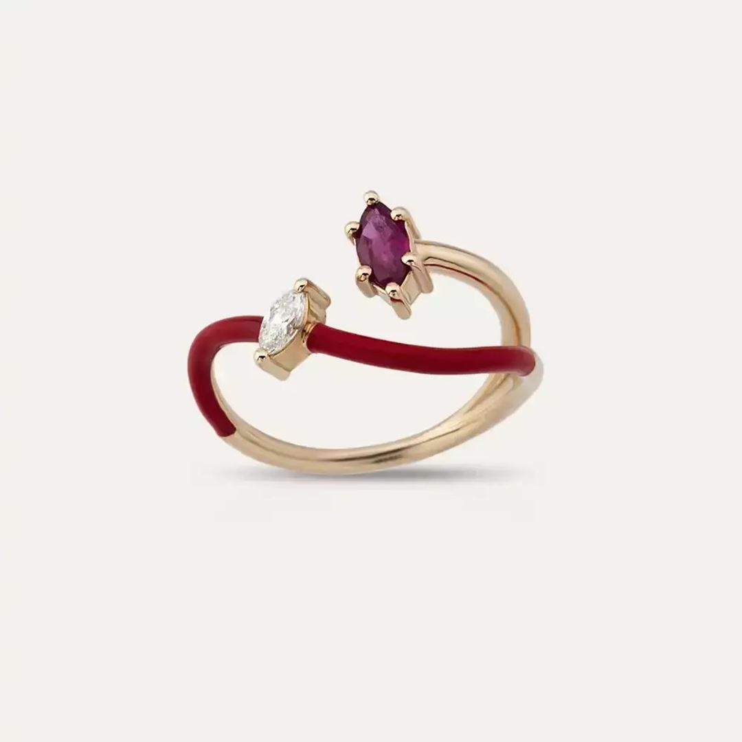 0.42 CT Yakut ve Pırlanta Taşlı Kırmızı Mineli Rose Altın Yüzük