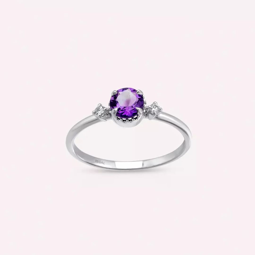 Trine Ametist ve Pırlanta Taşlı Beyaz Altın Yüzük