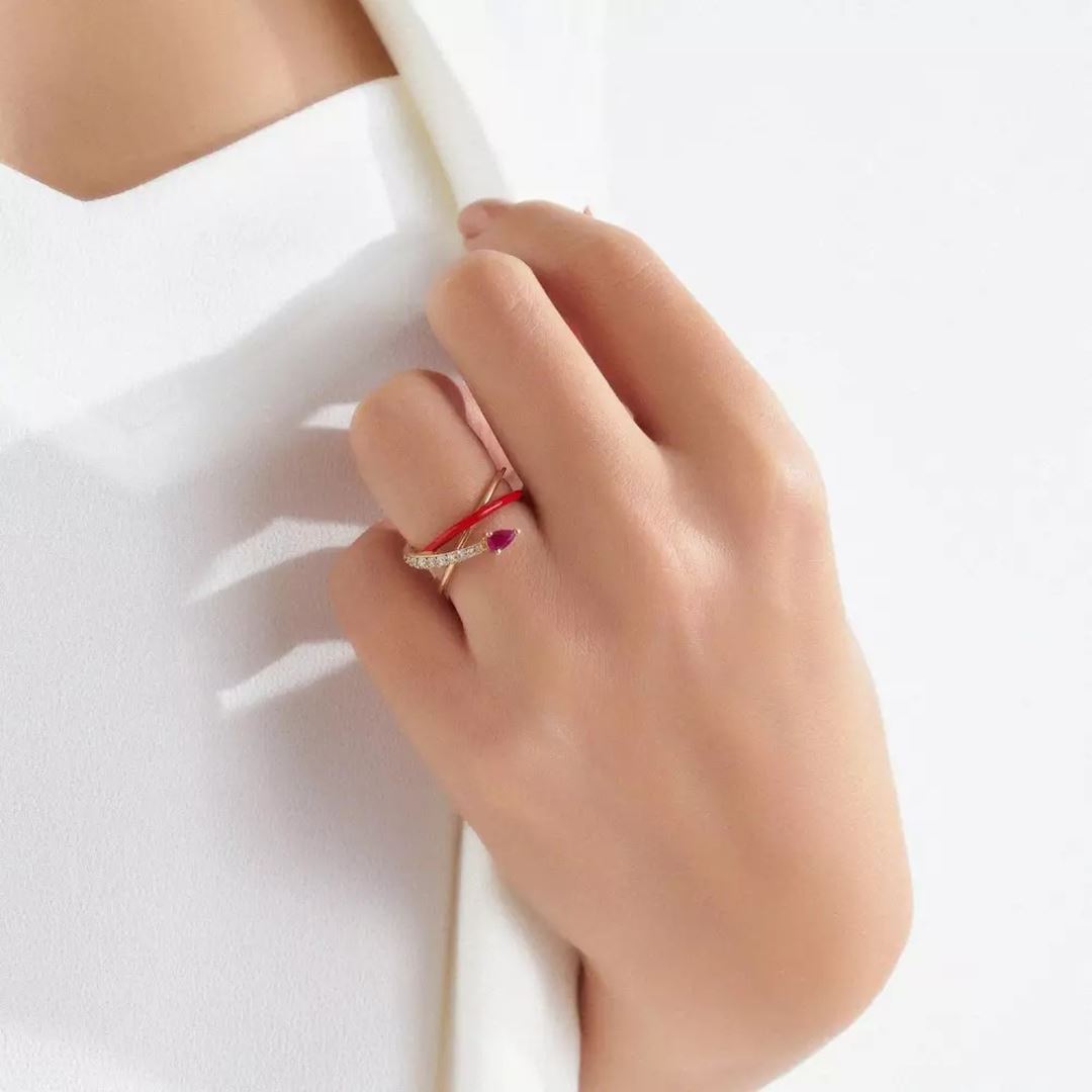 Donel Yakut Taşlı ve Kırmızı Mineli Rose Altın Yüzük