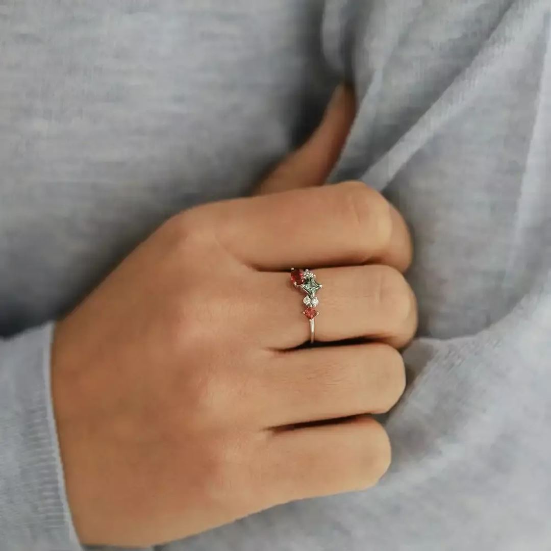 0.91 CT Multicolor Safir ve Pırlanta Taşlı Beyaz Altın Yüzük