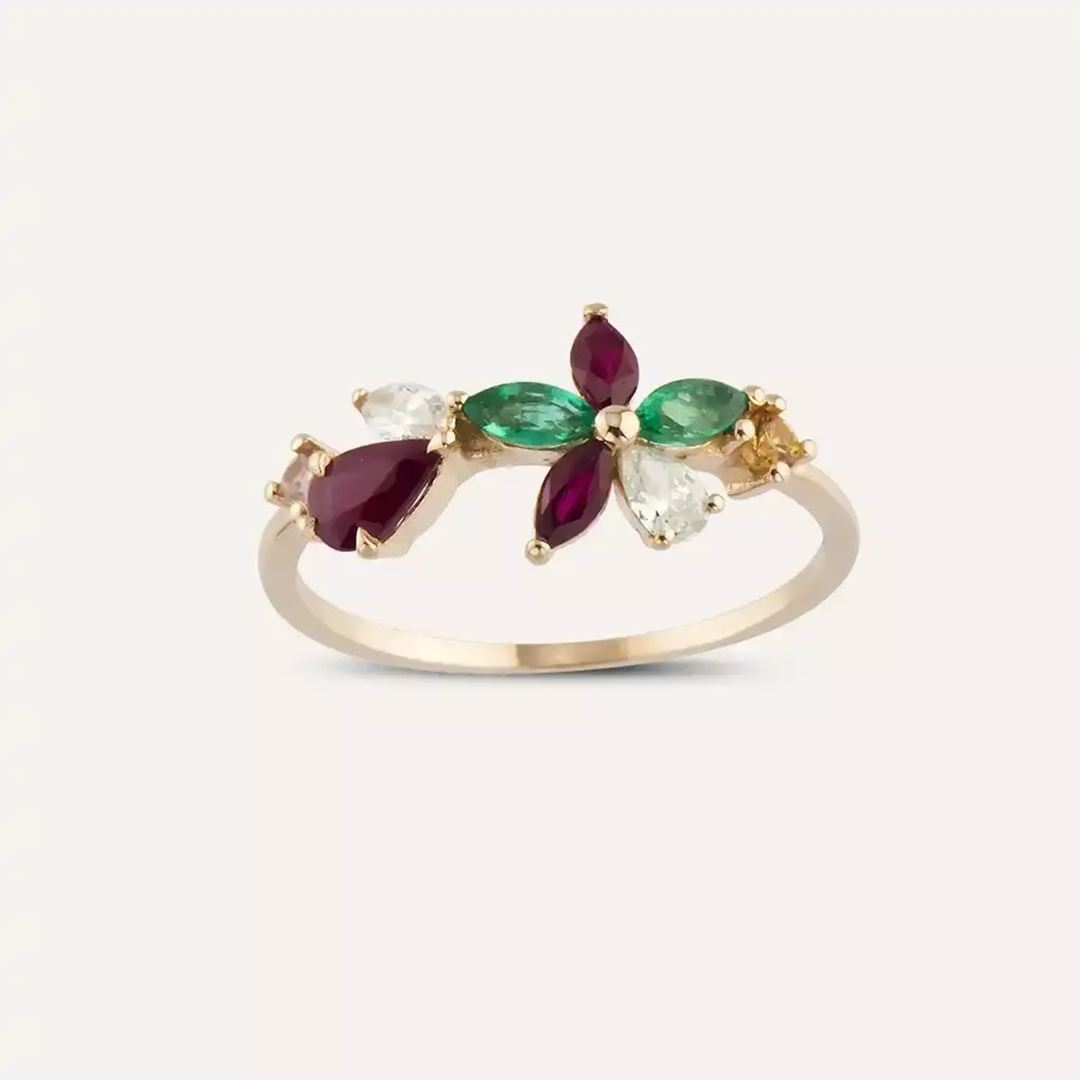 Pırlanta, Yakut ve Zümrüt Taşlı Rose Altın Çiçek Yüzük