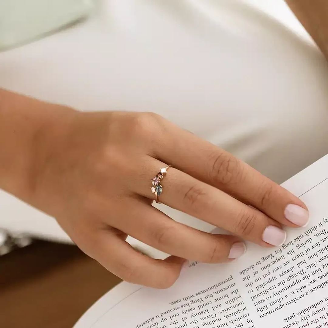 1.00 CT Multicolor Safir ve Pırlanta Taşlı Sarı Altın Yüzük