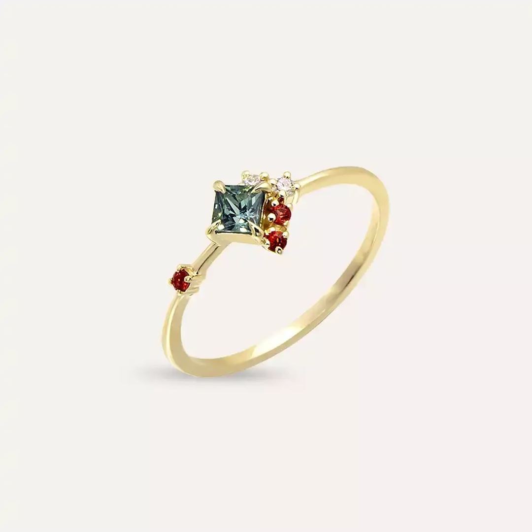 0.36 CT Multicolor Safir ve Pırlanta Taşlı Sarı Altın Yüzük