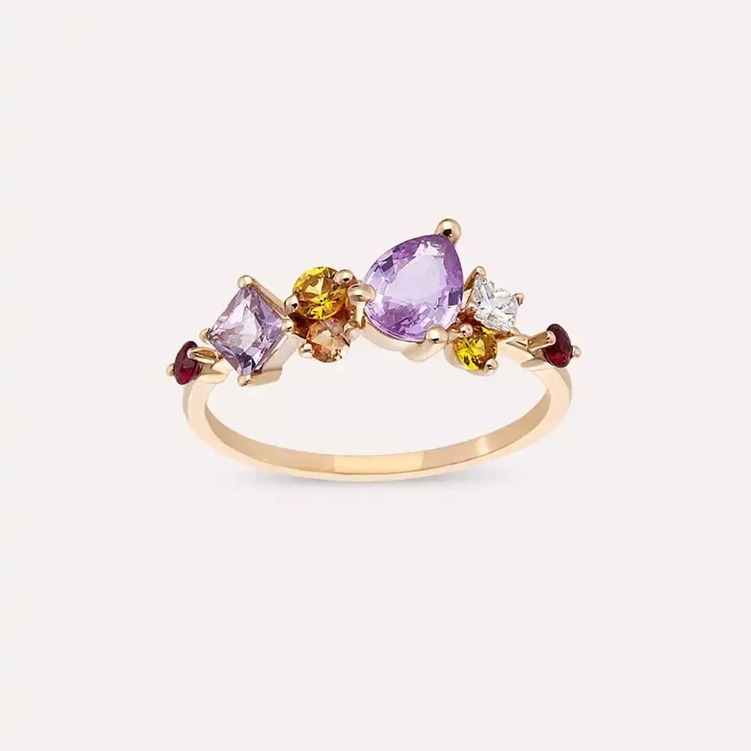 1.74 CT Multicolor Safir ve Pırlanta Taşlı Rose Altın Yüzük