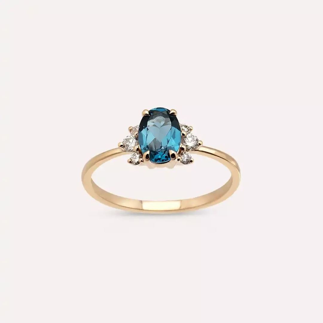 1.02 CT London Blue Topaz ve Pırlanta Taşlı Rose Altın Yüzük