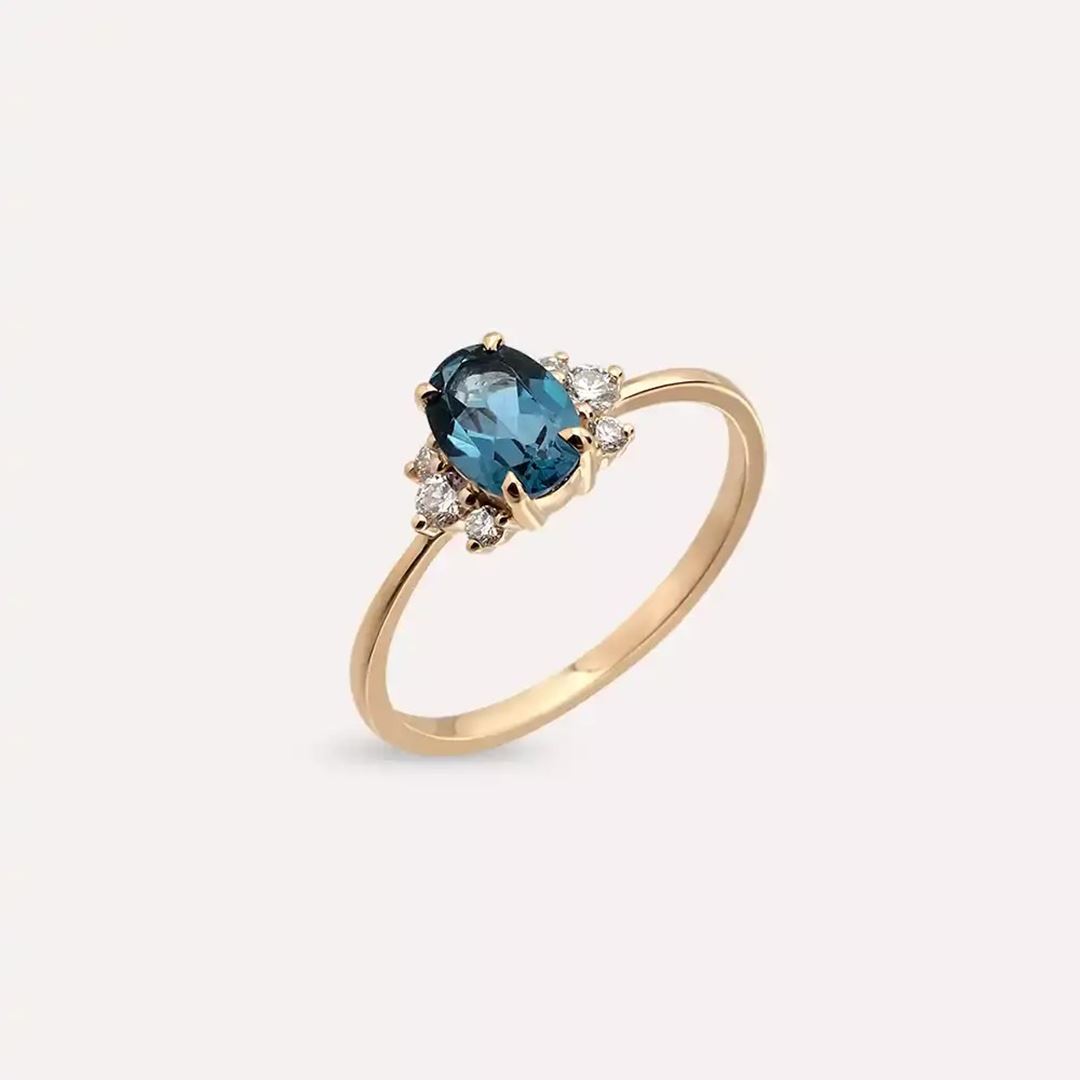 1.02 CT London Blue Topaz ve Pırlanta Taşlı Rose Altın Yüzük