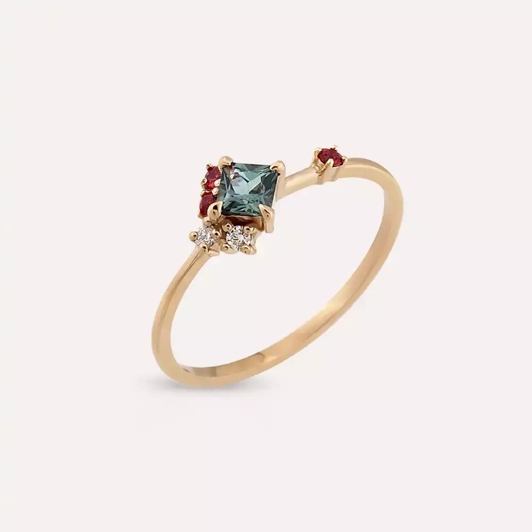 0.42 CT Pırlanta ve Multicolor Safir Taşlı Rose Altın Yüzük