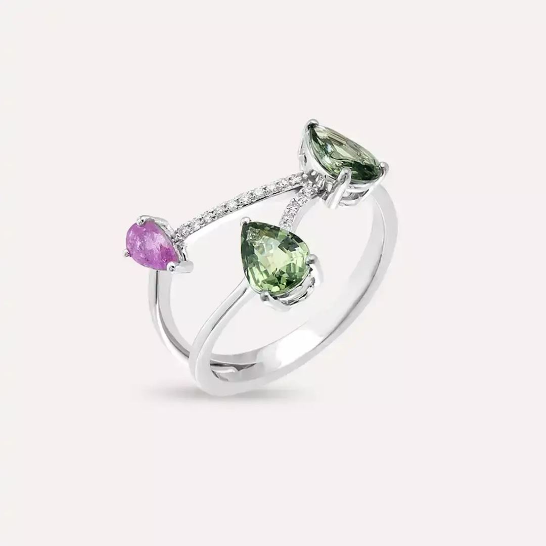 1.99 CT Multicolor Safir ve Pırlanta Taşlı Beyaz Altın Yüzük