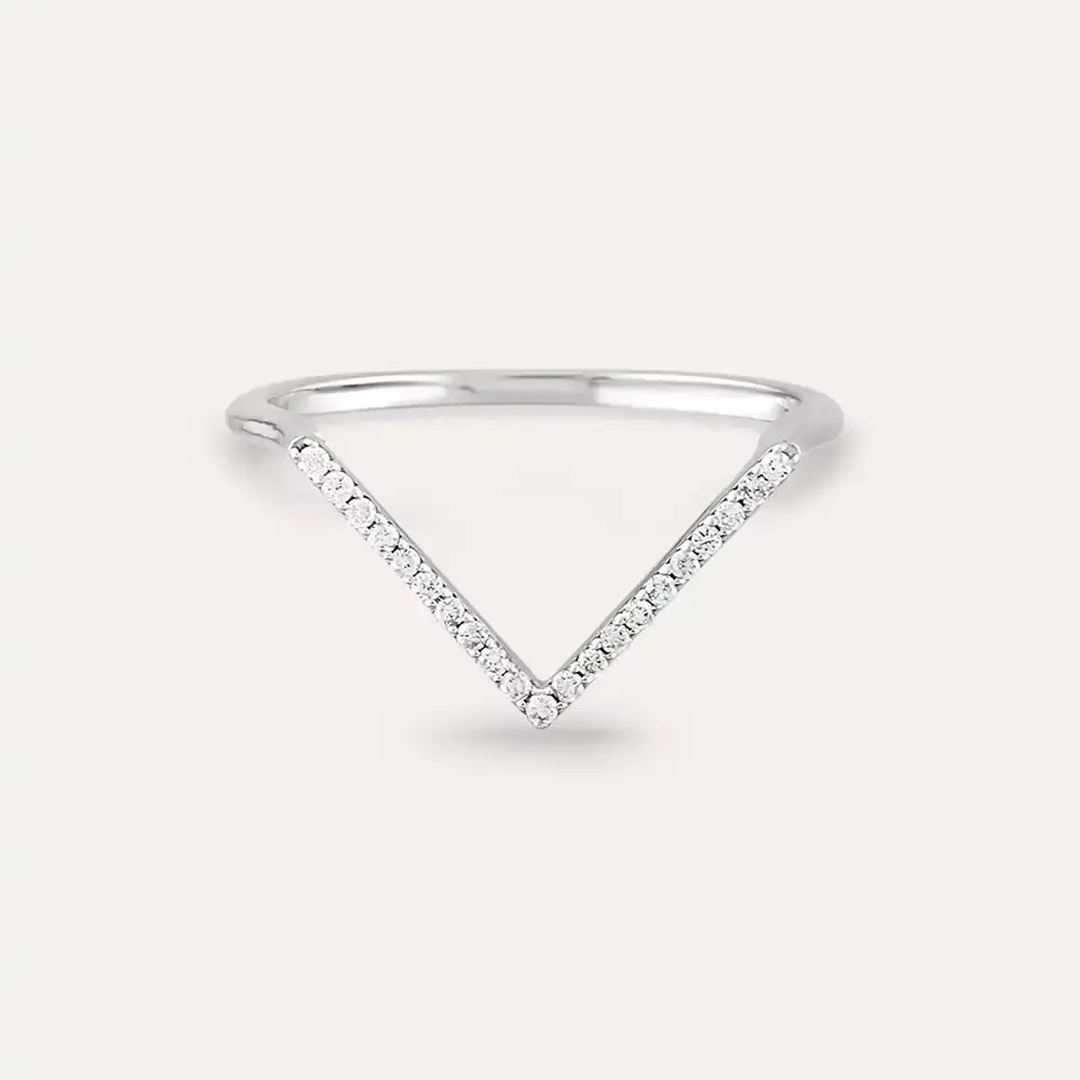 Pırlanta Taşlı Beyaz Altın Minimal V Yüzük
