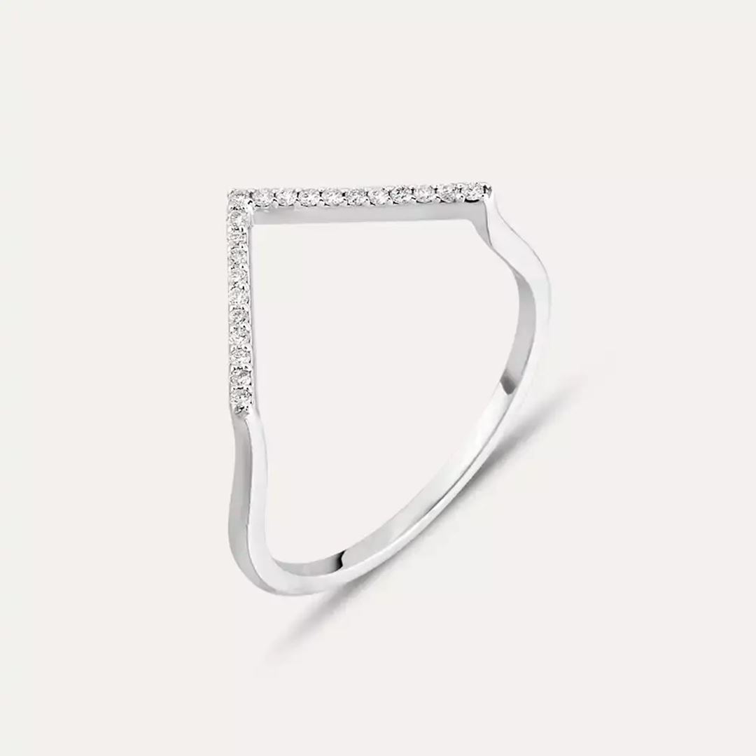 Pırlanta Taşlı Beyaz Altın Minimal V Yüzük
