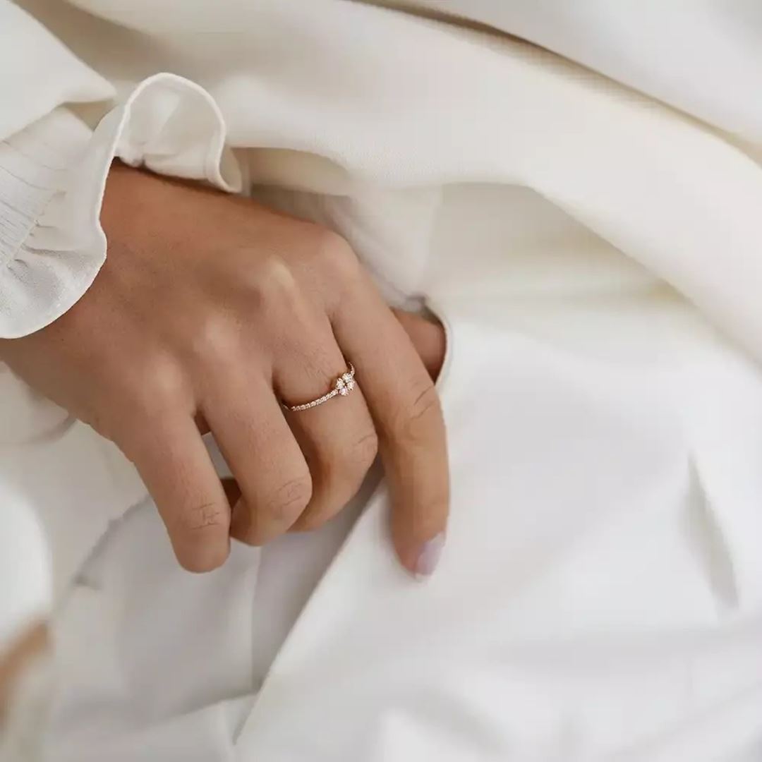 Fortune Pırlanta Taşlı Rose Altın Yonca Yüzük