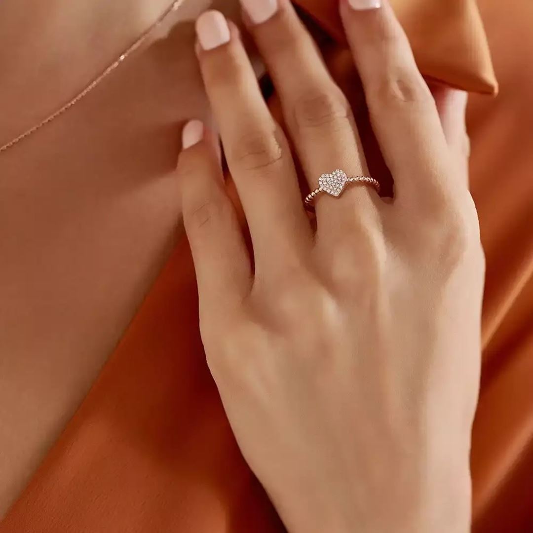 0.15 CT Pırlanta Taşlı Rose Altın Kalp Yüzük