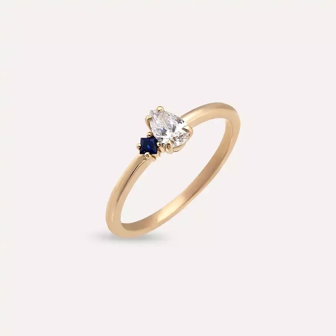 0.35 CT Damla Kesim Pırlanta ve Safir Taşlı Rose Altın Yüzük