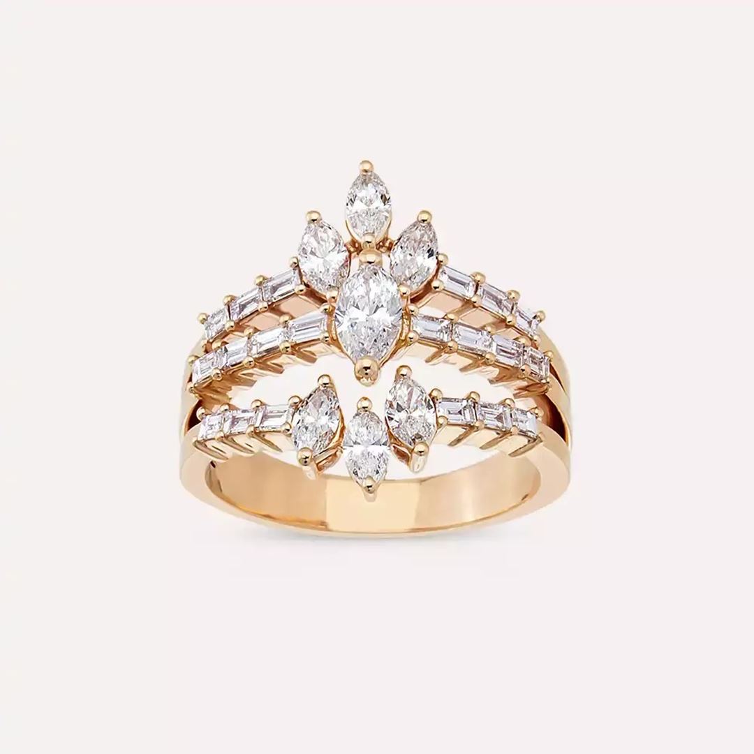 1.43 CT Baget ve Markiz Kesim Pırlanta Taşlı Rose Altın Yüzük