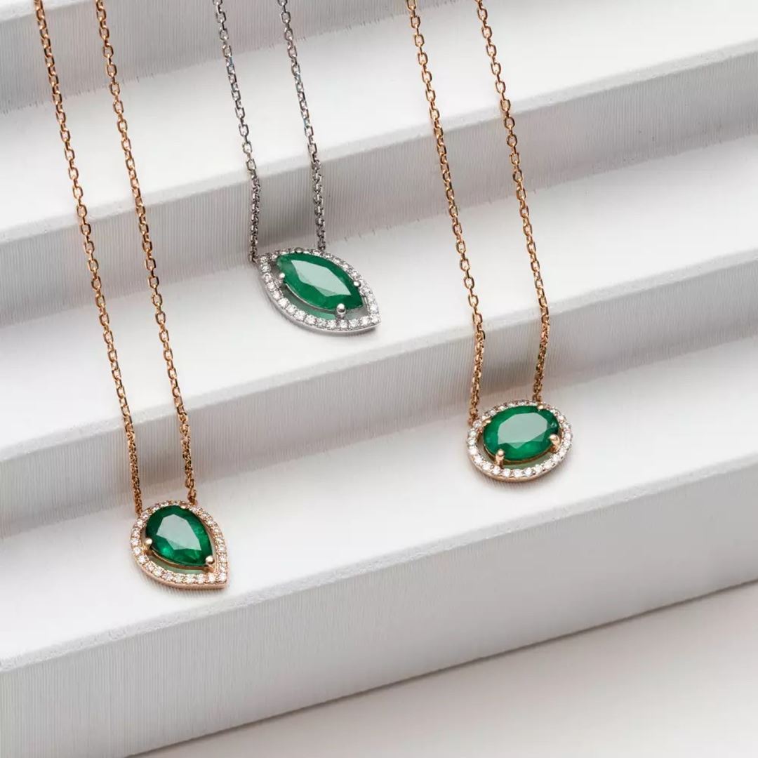 Blob Damla Kesim Zümrüt ve Pırlanta Taşlı Rose Altın Kolye