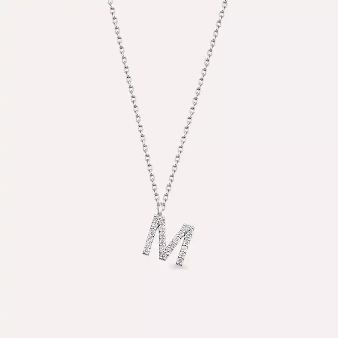 M Harf 0.13 CT Pırlanta Taşlı Beyaz Altın Kolye