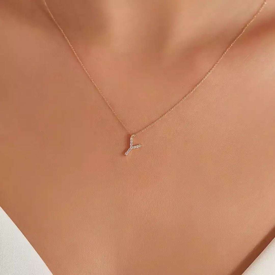 Y Harf 0.07 CT Pırlanta Taşlı Rose Altın Kolye