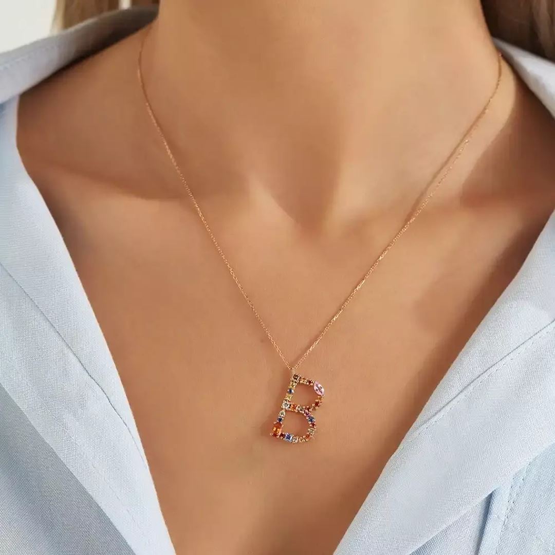 B Harf Multicolor Safir ve Brown Pırlanta Taşlı Rose Altın Kolye