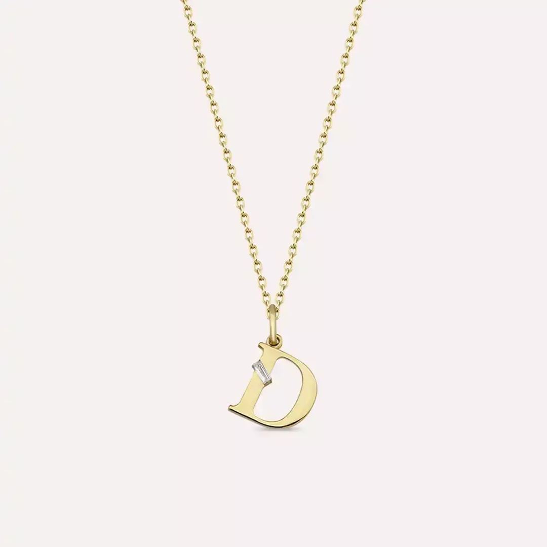 D Harf Pırlanta Taşlı Sarı Altın Kolye