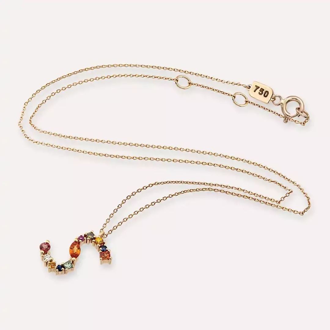 S Harf Brown Pırlanta ve Multicolor Safir Taşlı Rose Altın Kolye