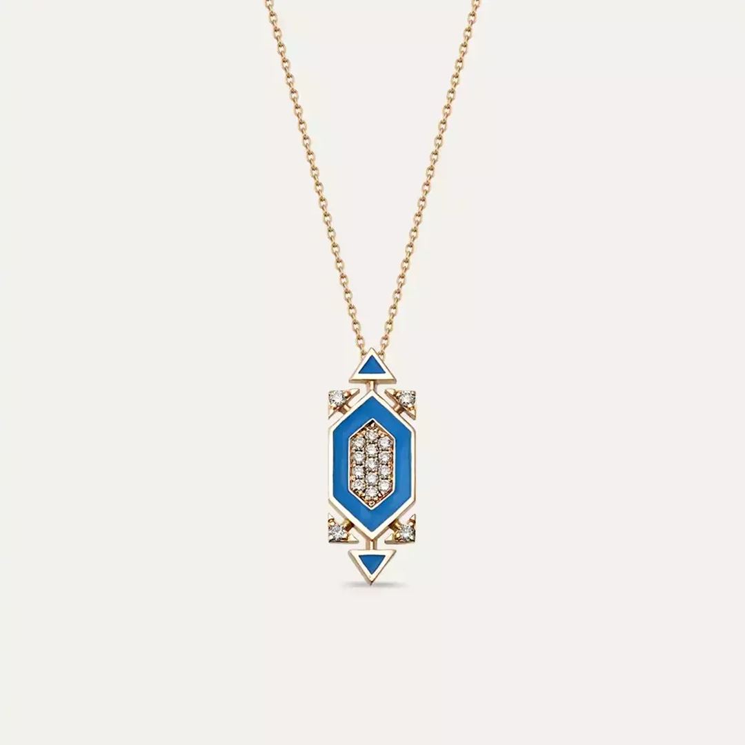 Salm Pırlanta Taşlı ve Mavi Mineli Rose Altın Kolye