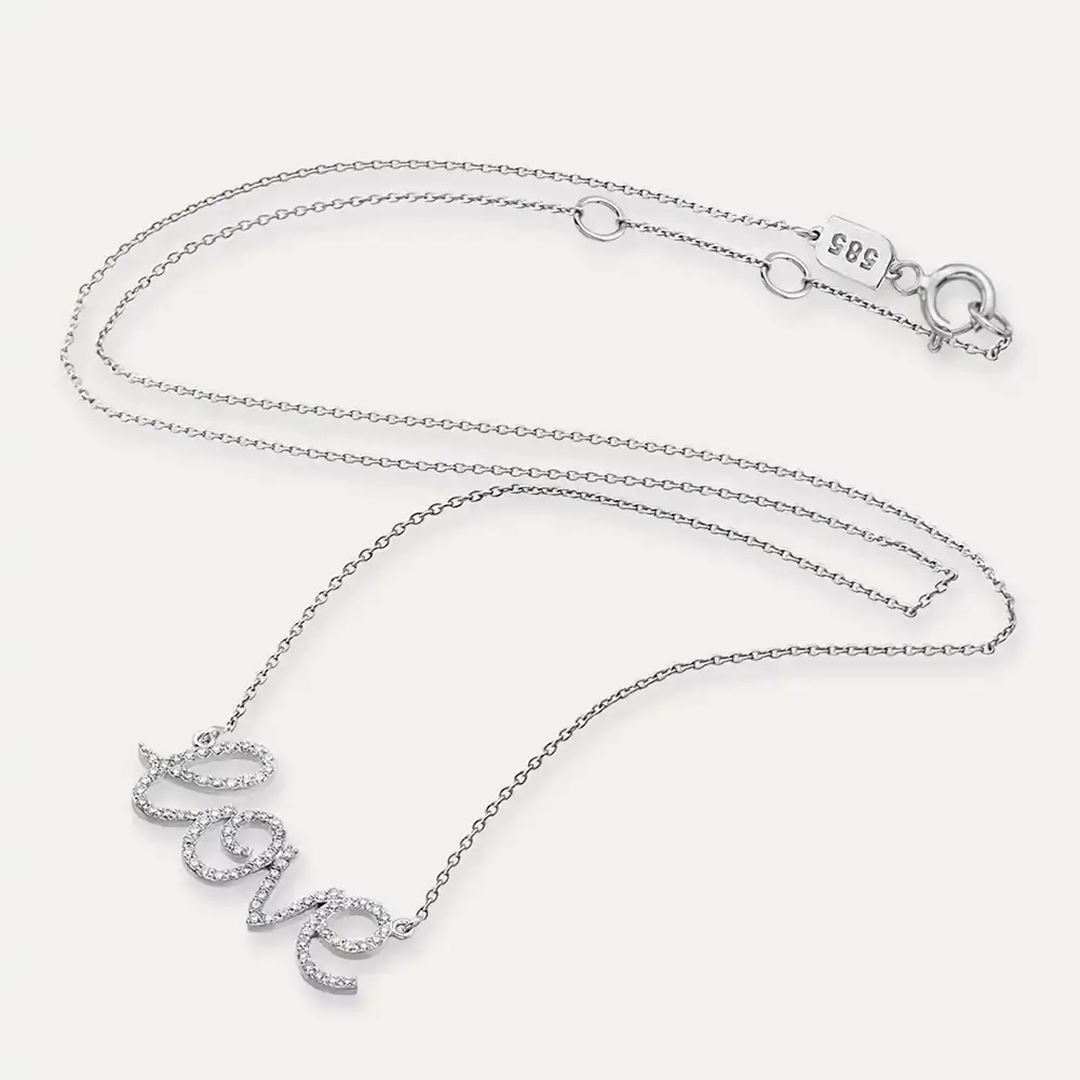 Love Pırlanta Taşlı Beyaz Altın Kolye