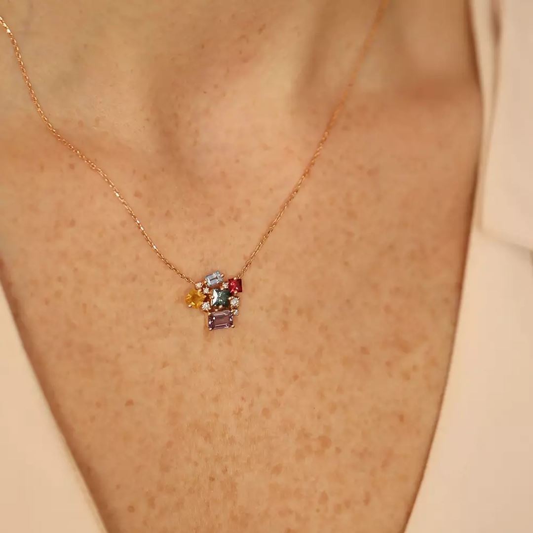 Bubbly 2.16 CT Multicolor Safir ve Pırlanta Taşlı Rose Altın Kolye
