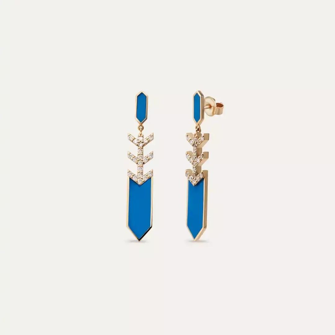 Pole Pırlanta Taşlı ve Mavi Mineli Rose Altın Küpe