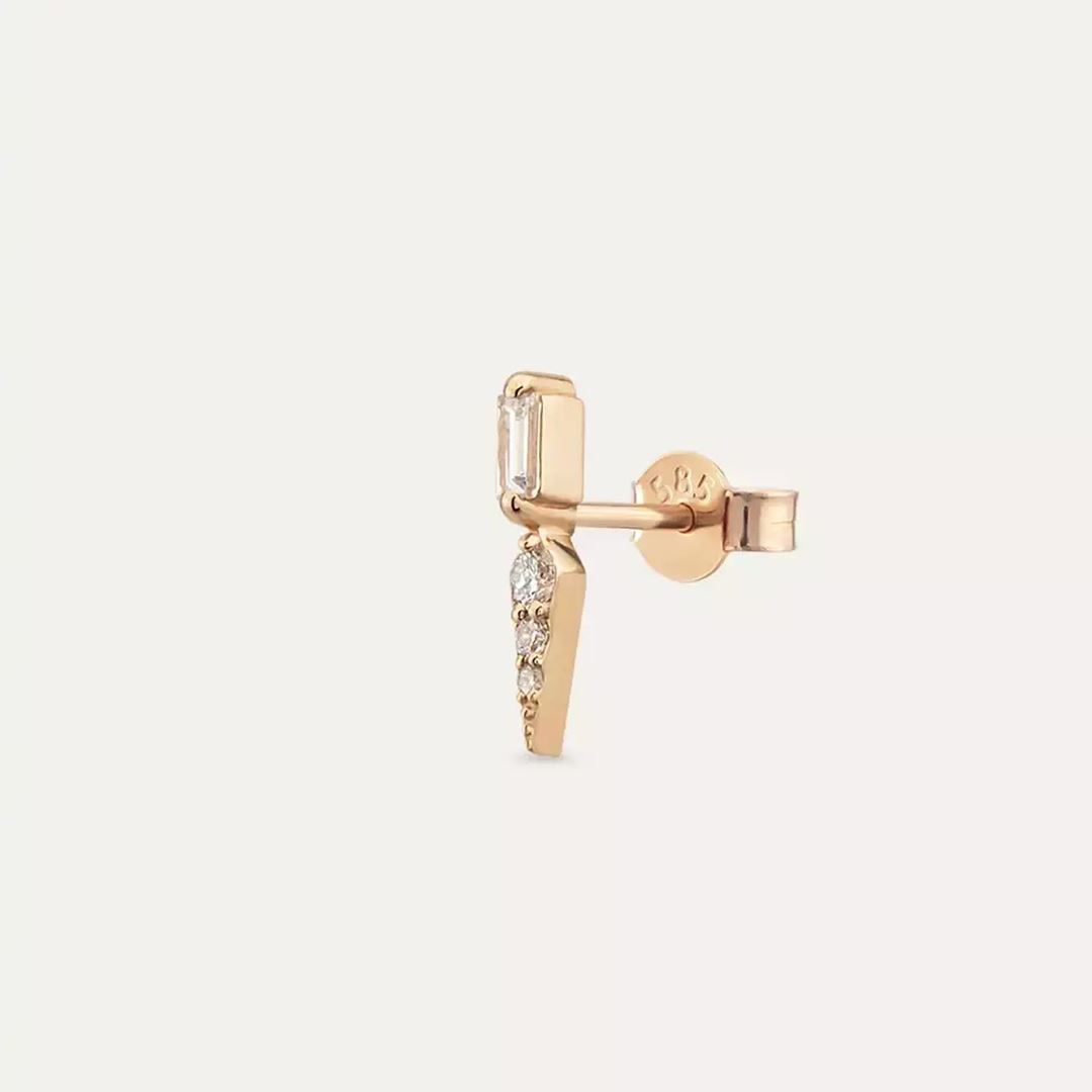 Flon Baget Kesim Pırlanta Taşlı Rose Altın Mini Tek Küpe