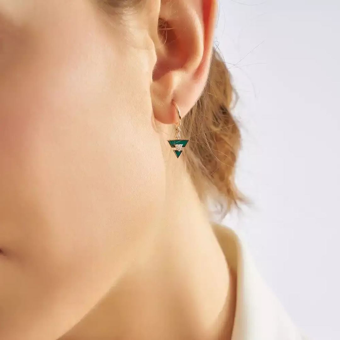 Abyss Pırlanta Taşlı ve Yeşil Mineli Rose Altın Küpe