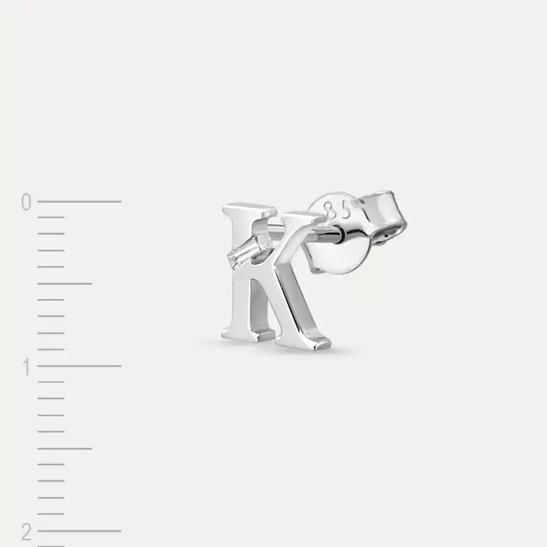 K Harf Pırlanta Taşlı Beyaz Altın Tek Küpe