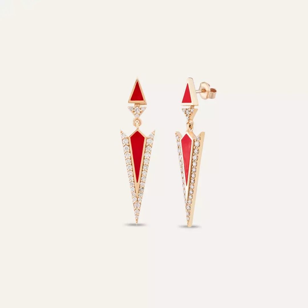 Lance Pırlanta Taşlı ve Kırmızı Mineli Küpe