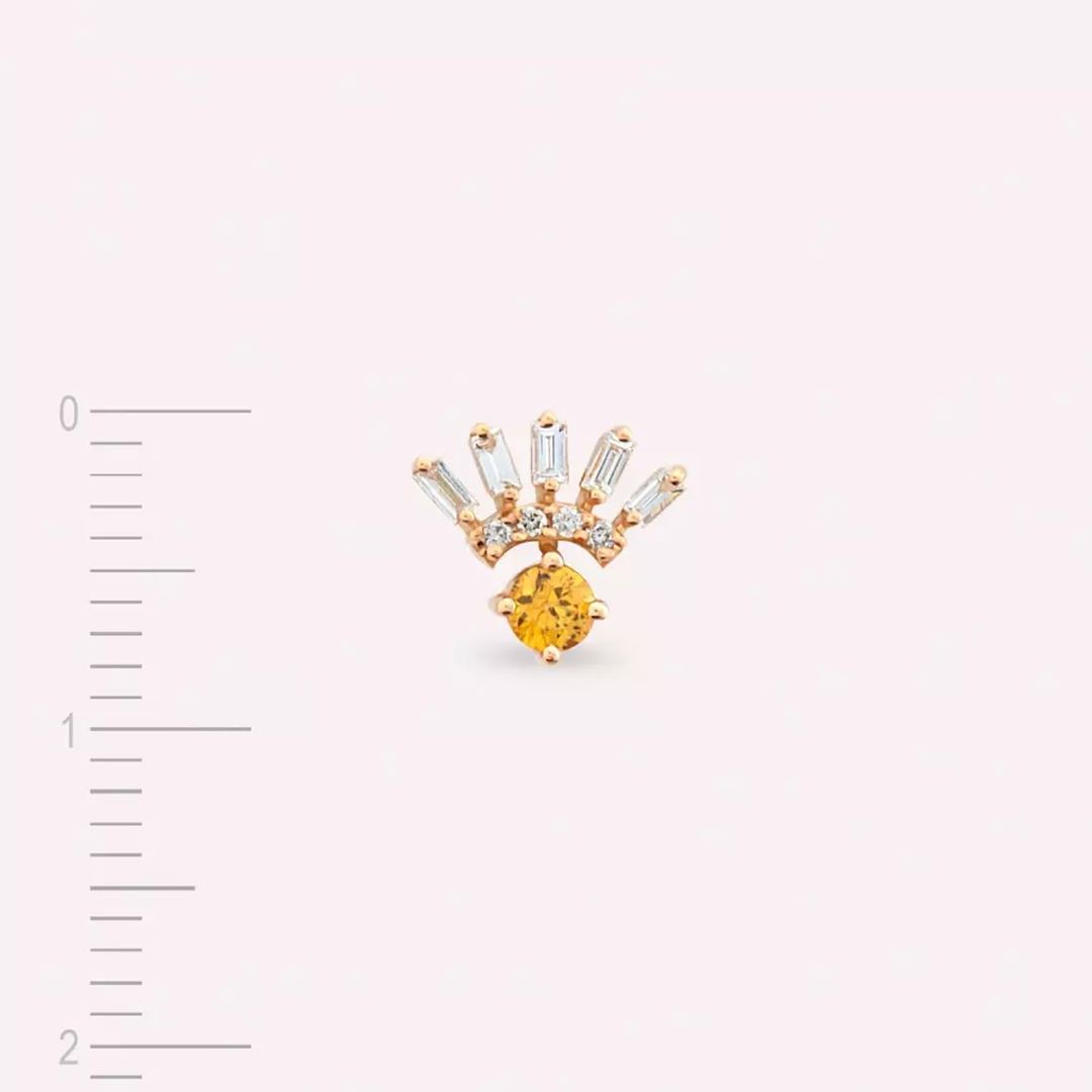 Dawn Yellow Safir ve Baget Kesim Pırlanta Taşlı Rose Altın Tek Küpe