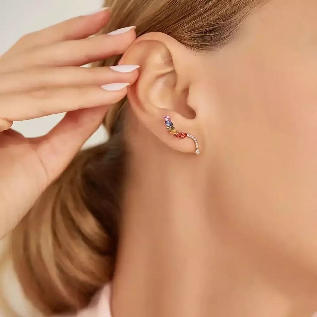 Ava Multicolor Safir ve Pırlanta Taşlı Rose Altın Tek Küpe