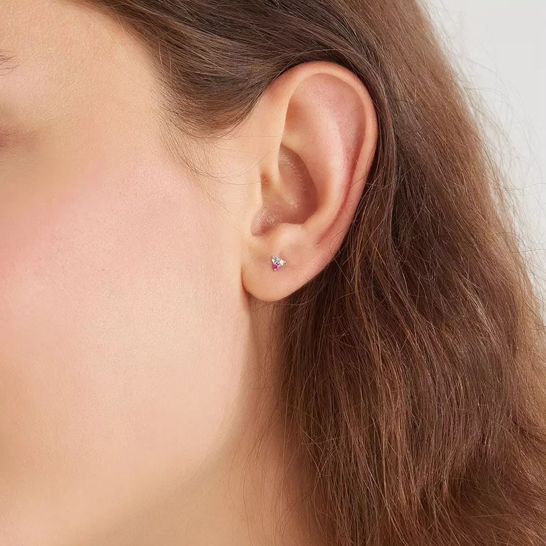 Triangle Brown Pırlanta, Yakut ve Aquamarin Taşlı Mini Tek Küpe