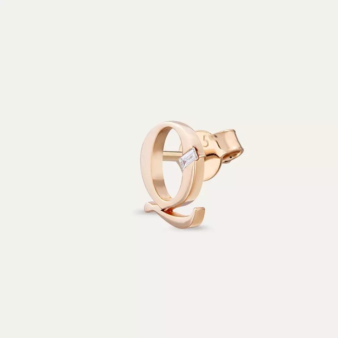 Q Harf Pırlanta Taşlı Rose Altın Mini Tek Küpe