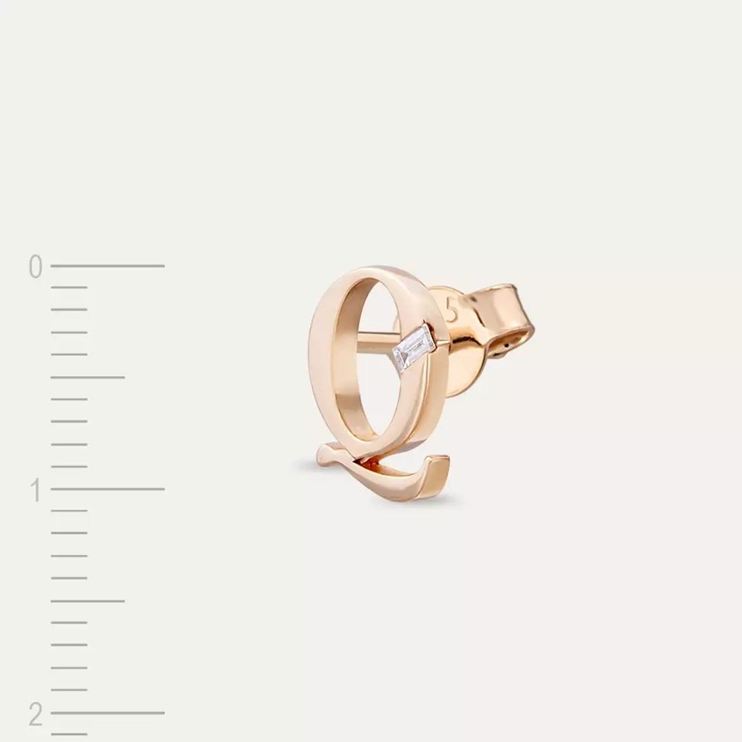 Q Harf Pırlanta Taşlı Rose Altın Mini Tek Küpe