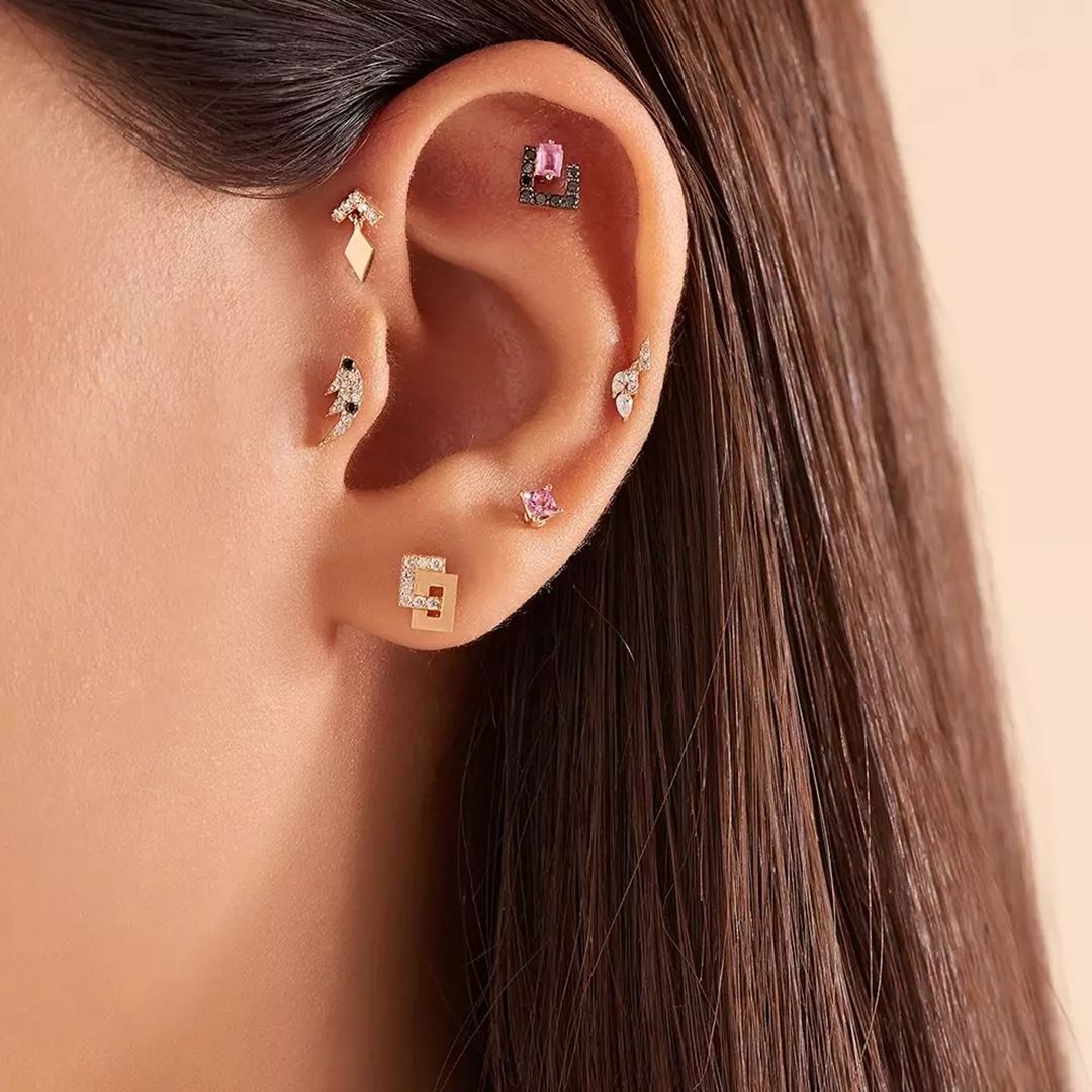 Block Pırlanta Taşlı Rose Altın Tek Küpe