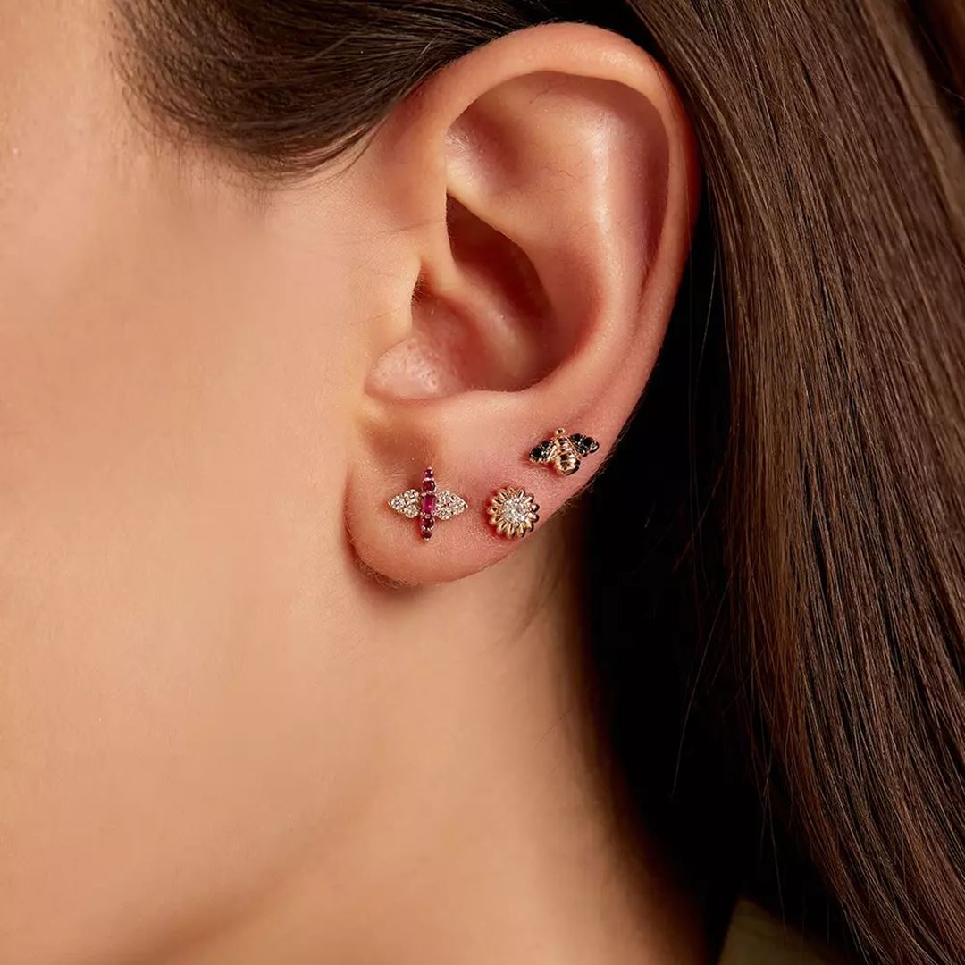 Maya Siyah Pırlanta Taşlı Rose Altın Tek Küpe