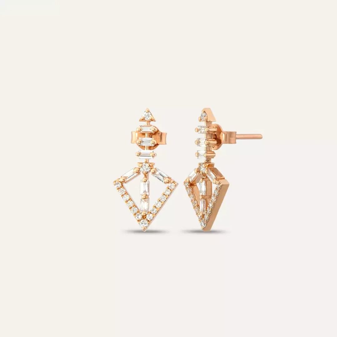 Empire Baget Pırlanta Taşlı Rose Altın Küpe