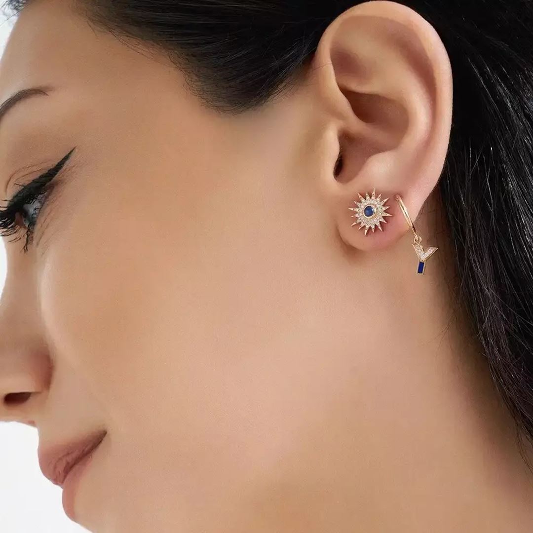 Eclipse Safir ve Pırlanta Taşlı Rose Altın Tek Küpe