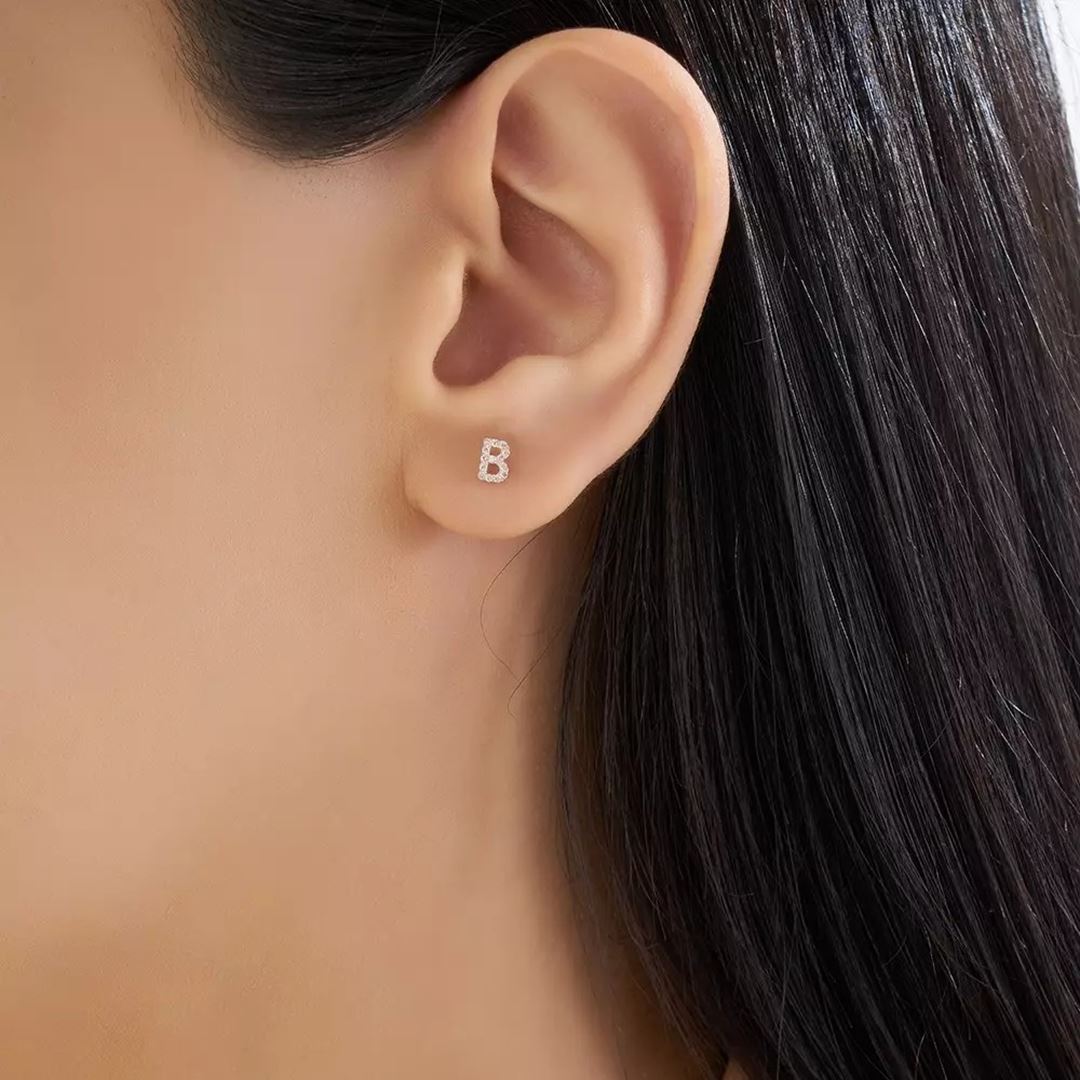 B Harf Pırlanta Taşlı Rose Altın Tek Küpe