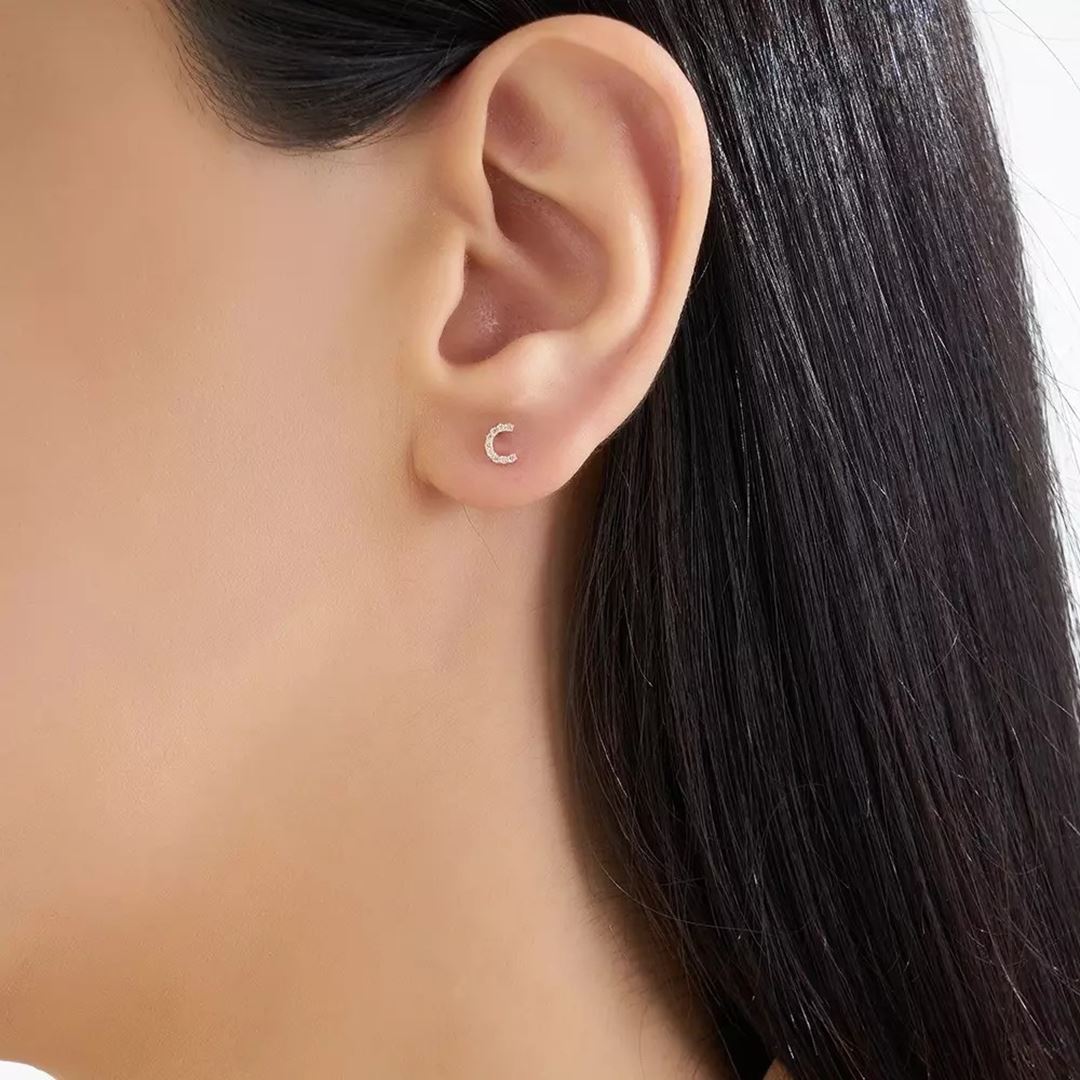 C Harf Pırlanta Taşlı Rose Altın Tek Küpe