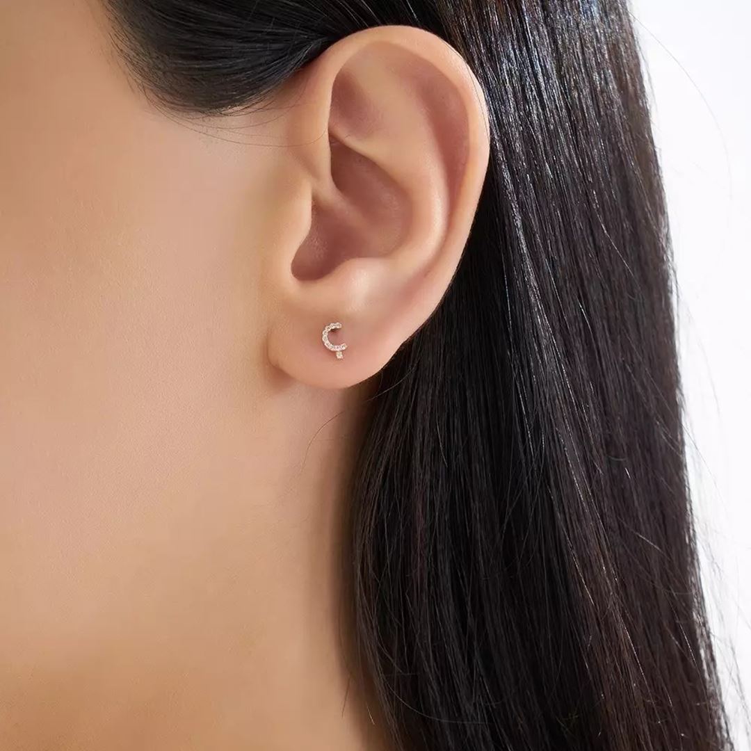 Ç Harf Pırlanta Taşlı Rose Altın Tek Küpe