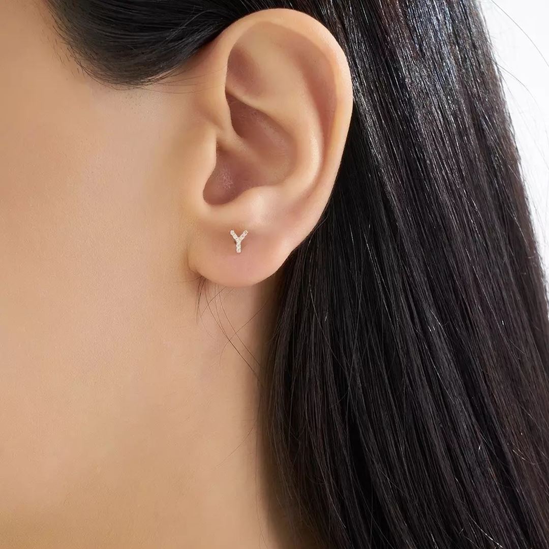 Y Harf Pırlanta Taşlı Rose Altın Tek Küpe