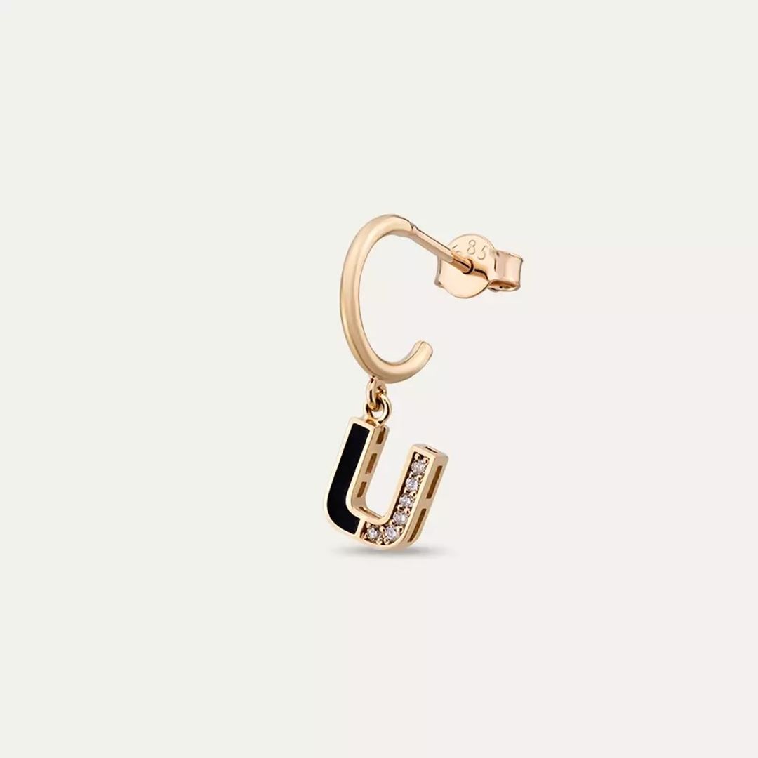 U Harf Siyah Mineli ve Pırlanta Taşlı Tek Küpe