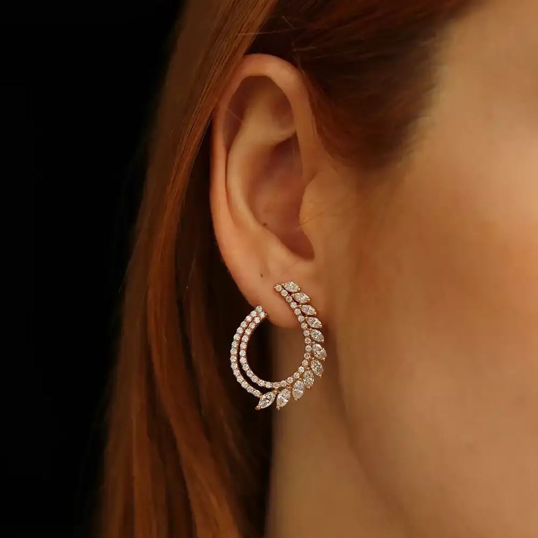 Leavi Pırlanta Taşlı Rose Altın Küpe