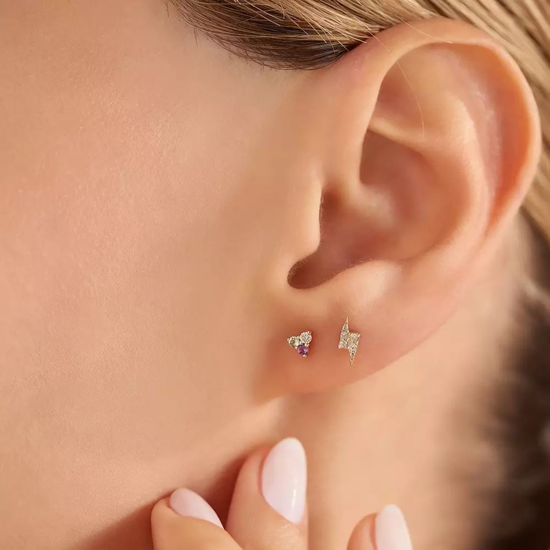 Triangle Pırlanta, Ametist ve Aquamarin Taşlı Sarı Altın Mini Tek Küpe