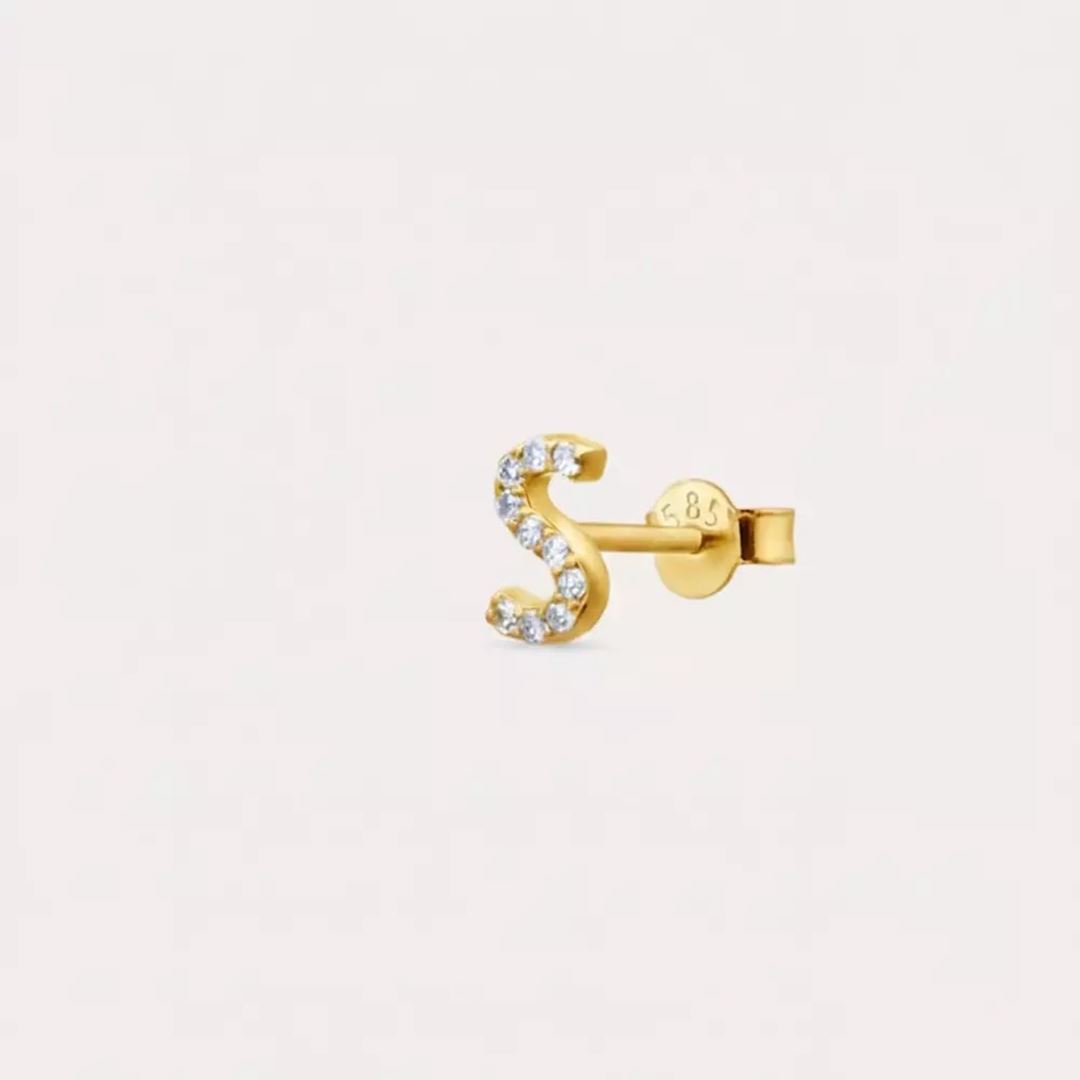 S Harf Pırlanta Taşlı Sarı Altın Tek Küpe