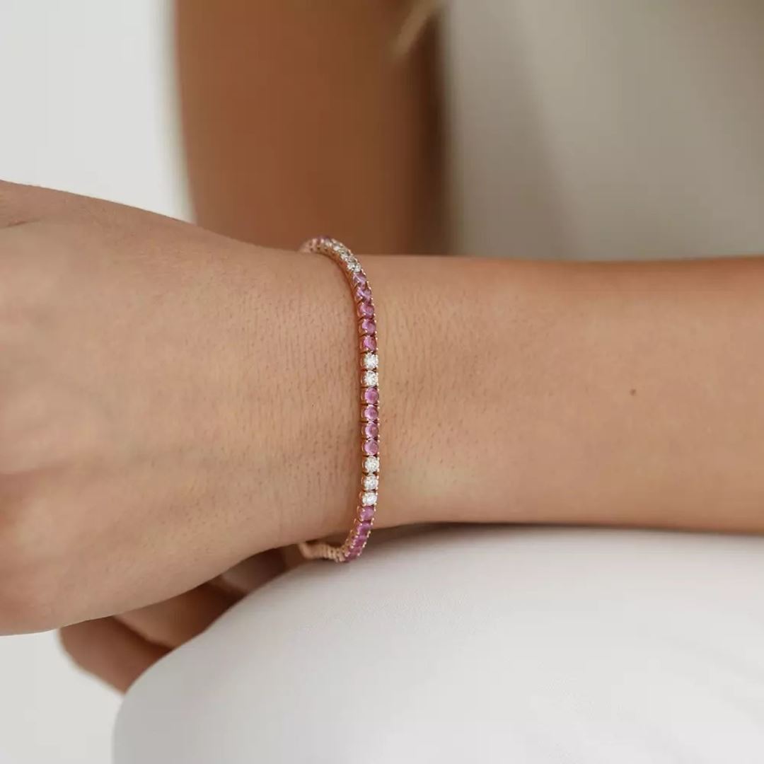 Pink Safir ve Pırlanta Taşlı Rose Altın Suyolu Bileklik